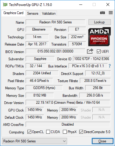 Sapphire Nitro+ RX 580 8GD5 Limited Edition GPUZ