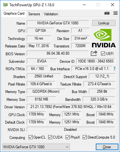 EVGA GTX 1080 SC2 Gaming iCX GPUZ