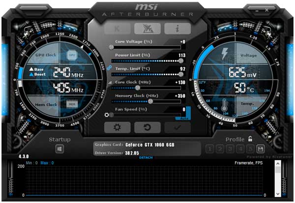 Asus GTX 1060 O6G 9GBPS přetaktování Afterburner