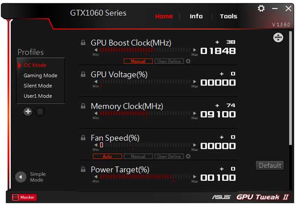 Asus GTX 1060 O6G 9GBPS Gpu Tweak II OC mode