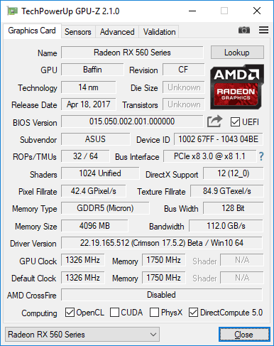 Asus Strix RX 560 O4G Gaming GPUZ