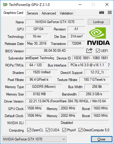 Gainward GTX 1070 Phoenix GLH GPUZ VBIOS 2