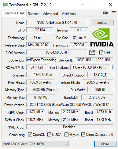 Gainward GTX 1070 Phoenix GLH GPUZ VBIOS1