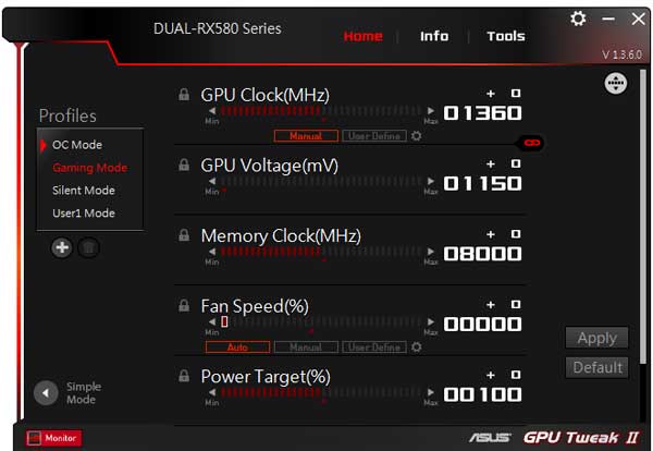 Asus Dual RX 580 O8G Gpu Tweak II Gaming mode