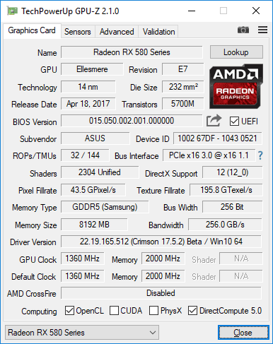 Asus Dual RX 580 O8G GPUZ