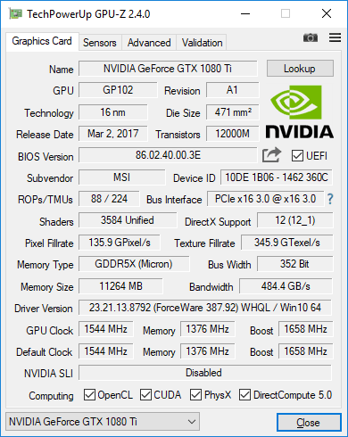 MSI GTX 1080 Ti Gaming X Trio GPUZ