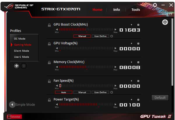Asus Strix GTX 1070 Ti A8G Gaming GPU Tweak gaming mode