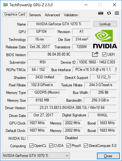 MSI GTX 1070 Ti Gaming 8G GPUZ