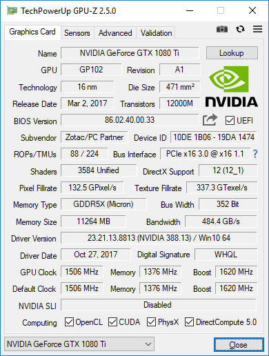 Zotac GTX 1080 Ti Mini GPUZ