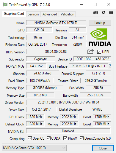 Gigabyte GTX 1070 Ti Gaming OC 8G GPUZ