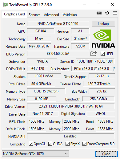 Gainward GTX 1070 8GB GPUZ