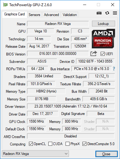 Asus Strix RX Vega56 O8G Gaming GPUZ