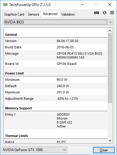 MSI GTX 1080 Sea Hawk EK X GPUZ TDP