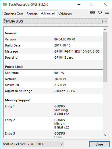 EVGA GTX 1070 Ti Gaming SC Hybrid GPUZ TDP