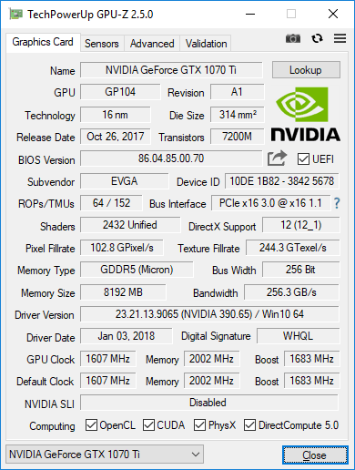 EVGA GTX 1070 Ti Gaming SC Hybrid GPUZ