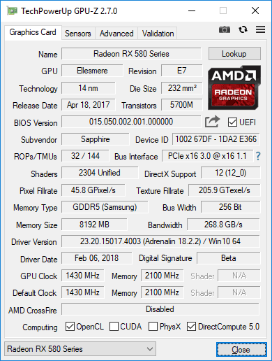 Sapphire Nitro+ RX 580 8GD5 Special Edition GPUZ BIOS 1