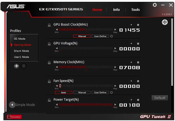 Asus Expedition GTX 1050 Ti O4G GPU Tweak gaming mode