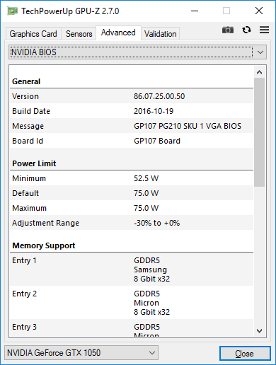 EVGA GTX 1050 SSC Gaming GPUZ2