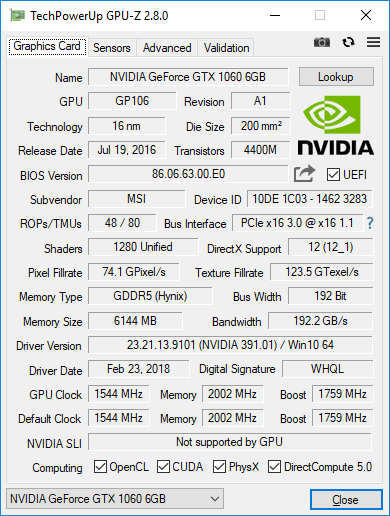 MSI GTX 1060 Armor 6G OCV1 GPUZ