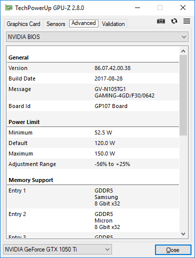 Gigabyte GTX 1050 Ti G1 Gaming 4G GPUZ2