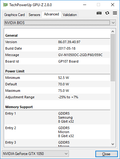 Gigabyte GTX 1050 OC 2G GPUZ TDP