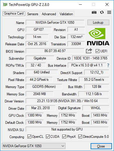 Gigabyte GTX 1050 OC 2G GPUZ