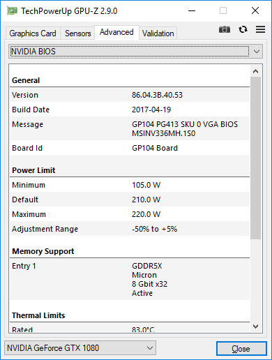 MSI GTX 1080 Armor 8G OC GPUZ power