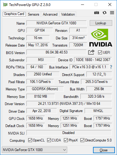 MSI GTX 1080 Armor 8G OC GPUZ