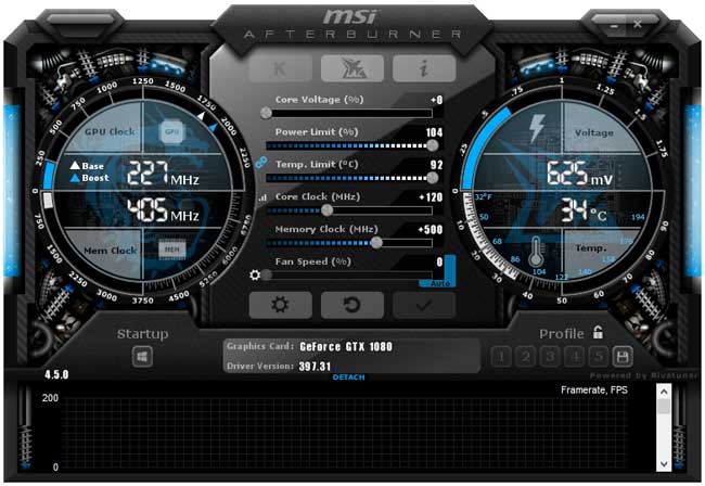 MSI GTX 1080 Armor 8G OC přetaktování Afterburner