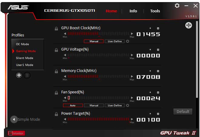 Asus Cerberus GTX 1050 Ti O4G GPU Tweak gaming mode