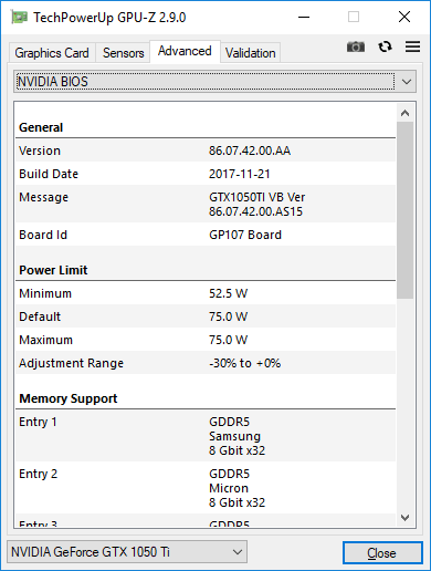 Asus Cerberus GTX 1050 Ti O4G GPUZ TDP