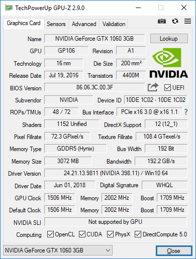 Gainward GTX 1060 3GB GPUZ