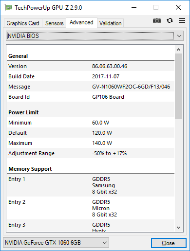 Gigabyte GTX 1060 Windforce OC 6G GPUZ TDP