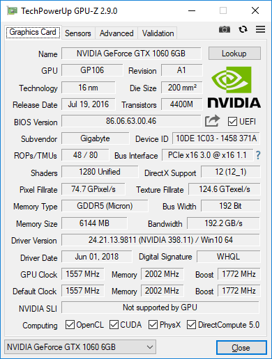 Gigabyte GTX 1060 Windforce OC 6G GPUZ