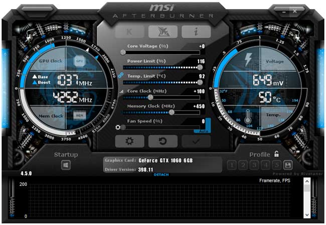 Gigabyte GTX 1060 Windforce OC 6G přetaktování Afterburner