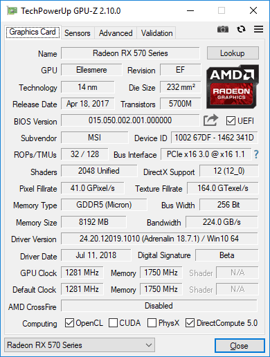 MSI RX 570 Mech 2 8G OC GPUZ