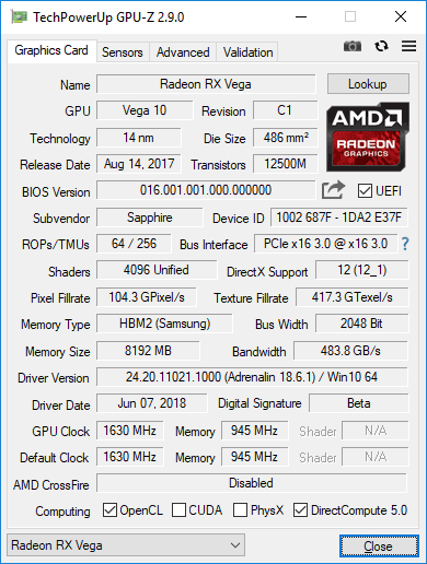 Sapphire Nitro+ RX Vega64 8G HBM2 GPUZ