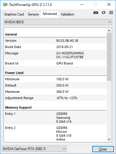 Gigabyte RTX 2080 Ti Gaming OC 11G GPUZ TDP