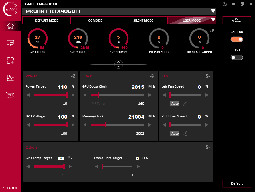 Asus ProArt RTX 4060 Ti O16G; přetaktování