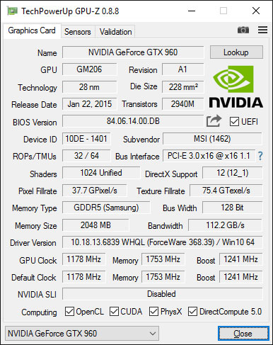 MSI GTX 960 2GD5T OC GPUZ