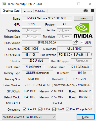 Asus Strix GTX 1060 O6G Gaming GPUZ