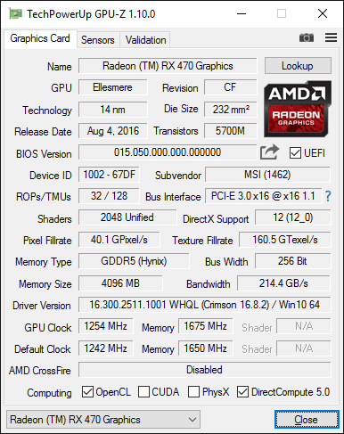 MSI RX 470 Gaming X 4G GPUZ