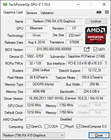 Sapphire RX 470 4GB GPUZ