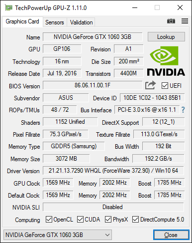 Asus Dual GTX 1060 O3G GPUZ