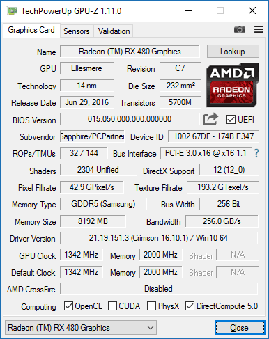 Sapphire Nitro+ RX 480 8G GPUZ