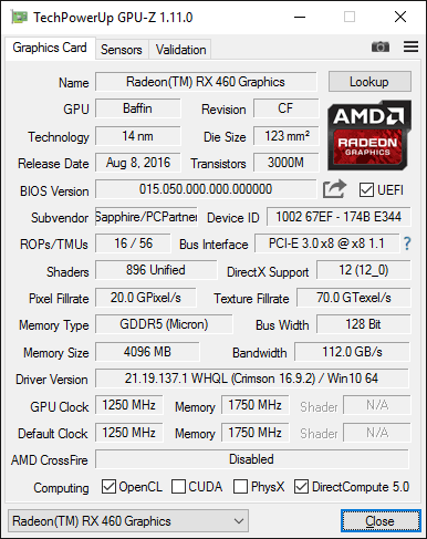 Sapphire Nitro RX 460 4G D5 GPUZ