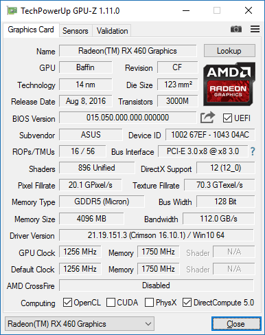 Asus Strix RX 460 O4G Gaming GPUZ