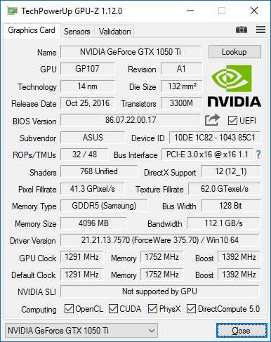 Asus EX GTX 1050 Ti 4G GPUZ