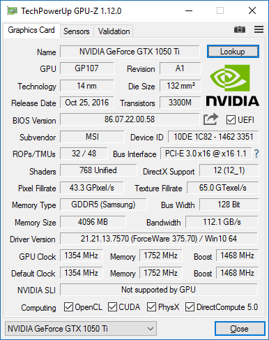 MSI GTX 1050 Ti Gaming X 4G GPUZ