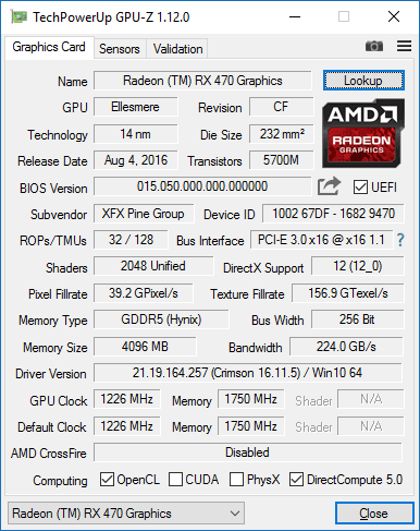 XFX Radeon RX 470 P4SFD5 GPUZ